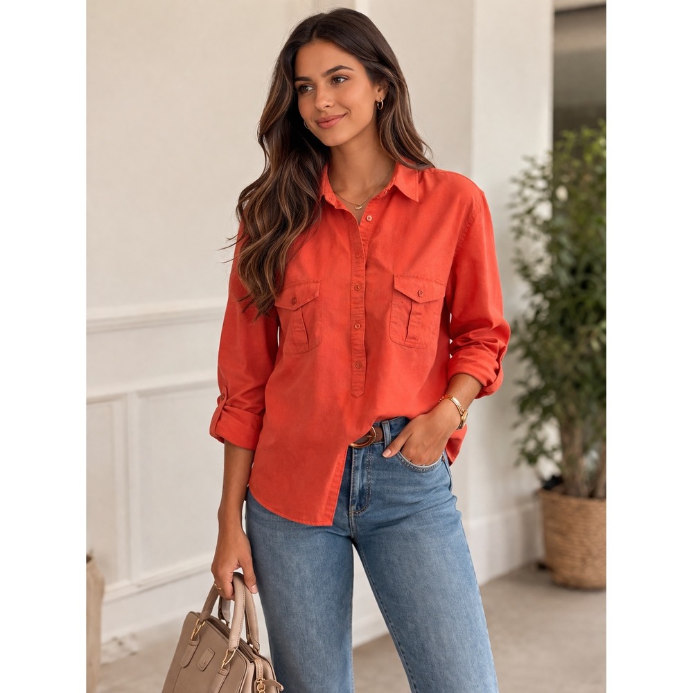 Talbots Womens L Shirt Linen Cotton Blend Coral Button Up Roll Tab Long Sleeve - Picture 2 of 11